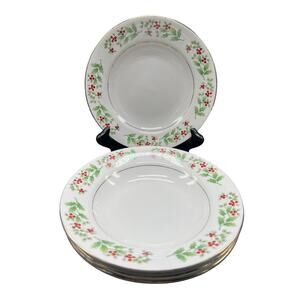 Gibson Soup Bowls Set of 4 Holly & Berry Design w/ Gold Trim 8" - EUC